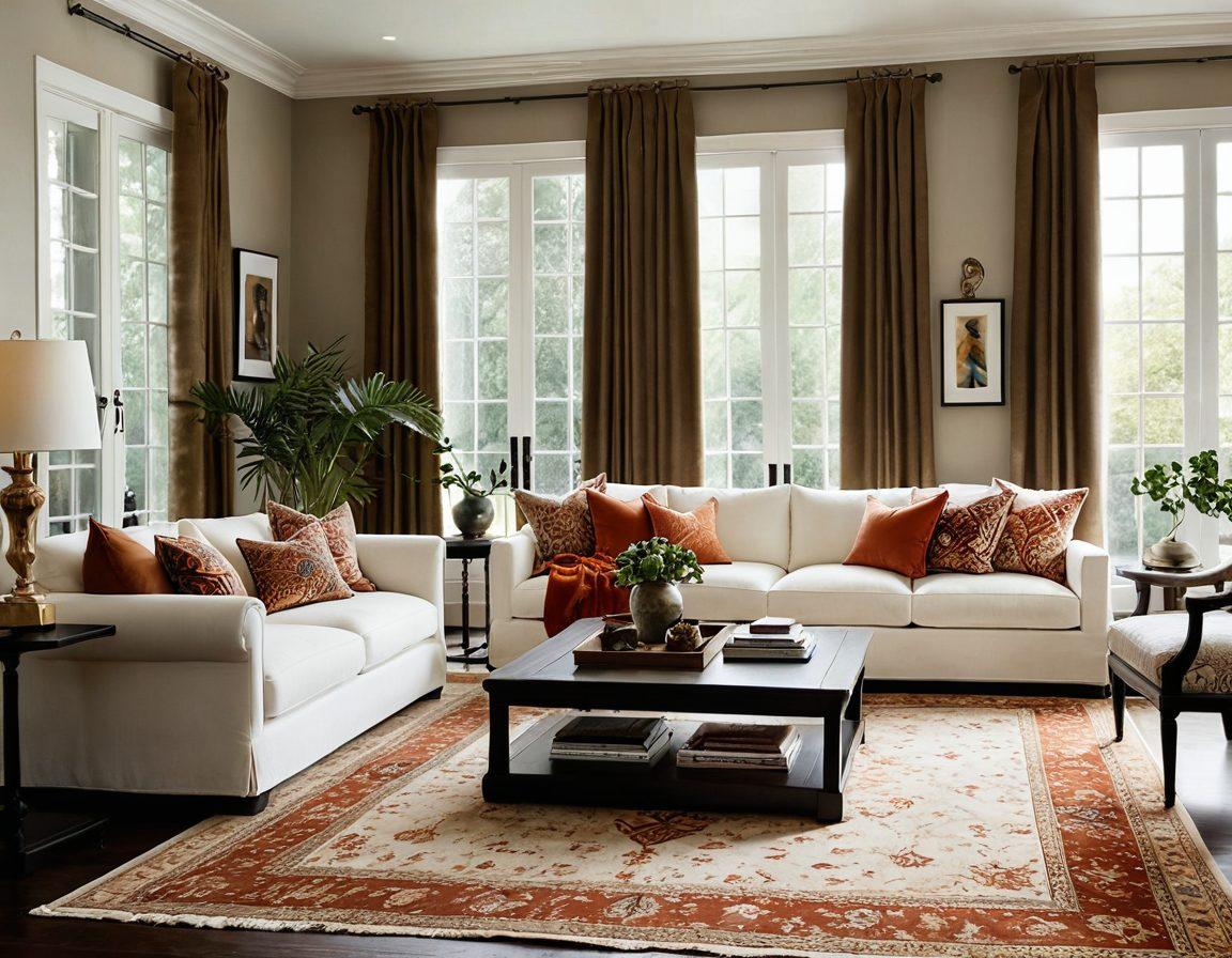 A luxurious living room featuring an elegant array of decorative textiles, including rich woven rugs, sumptuous curtains, and plush throw pillows in various textures. Natural light streaming in through large windows highlights the intricate patterns and colors of the textiles. A chic sofa and stylish coffee table complete the modern aesthetic, inviting viewers to envision their own transformations. super-realistic. vibrant colors. warm ambiance.