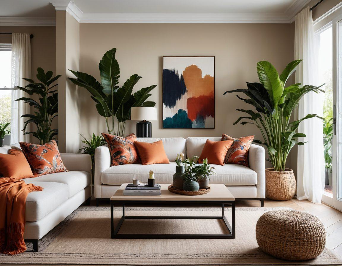 A stylish and sophisticated living room showcasing a blend of modern and elegant home decor elements, featuring Chiliwich textiles like chic placemats and soft, muted cushions. Include lush houseplants, warm lighting, and a tasteful arrangement of decorative items on a minimalist coffee table. The overall ambiance should evoke a sense of tranquility and refinement. super-realistic. vibrant colors. cozy atmosphere.